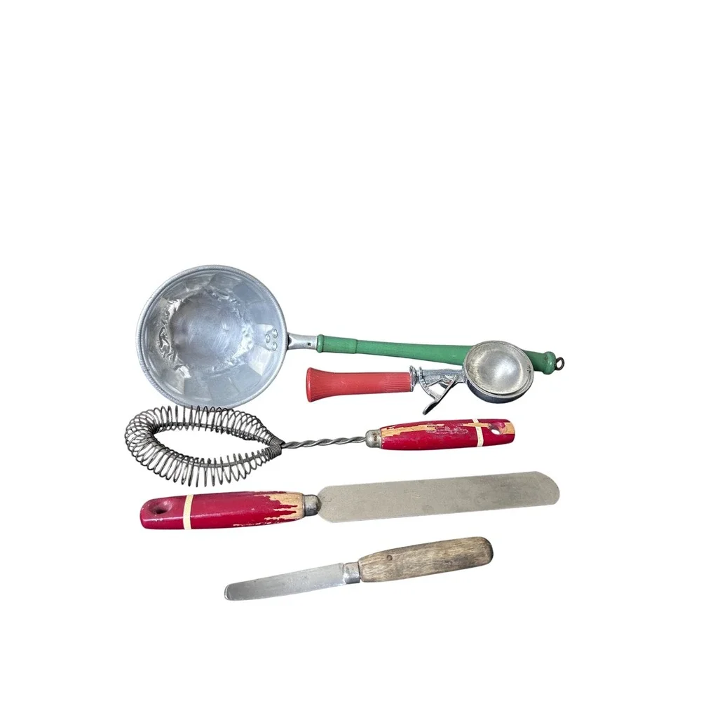 Vintage Kitchen Utensil Set Ice Cream Scoop Whisk Spatula Ladle Red Handle 5 Pcs